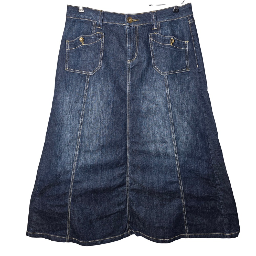 Fashion Bug Denim Maxi Skirt Size 14 Dark Wash A-Line Stretch Long Jean Skirt